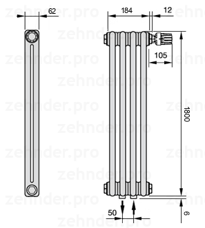 Схема (чертеж) Радиатор Zehnder Charleston 2180/4 №V008 Белый глянцевый RAL 9016